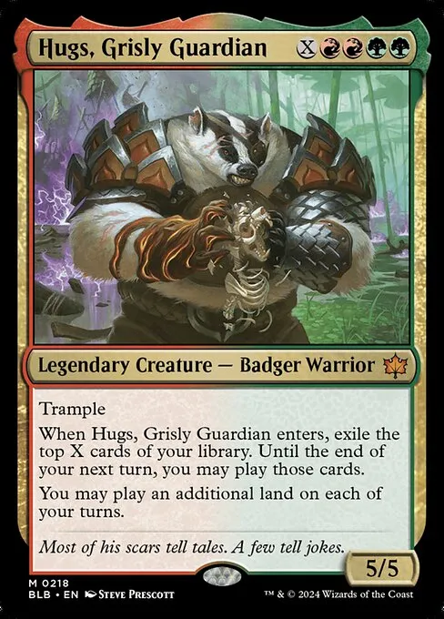 Hugs, Grisly Guardian, a Bloomburrow Rakdos legendary creature