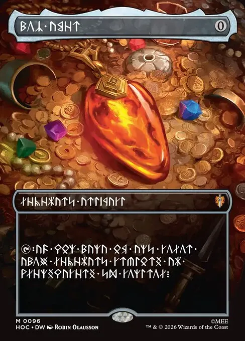 The Dwarvish-language Mox Amber from The Hobbit Eternal, with name, type line and rules text all printed in Cirth runes