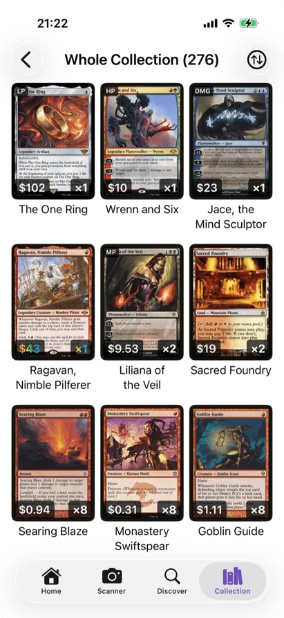 The Eldwyn collection view on an iPhone, showing a grid of Magic cards