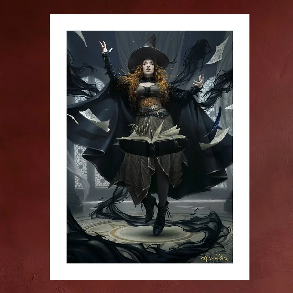 Studio Tommy’s promotional mockup of the Tasha, the Witch Queen print, with white border and gold signature placement