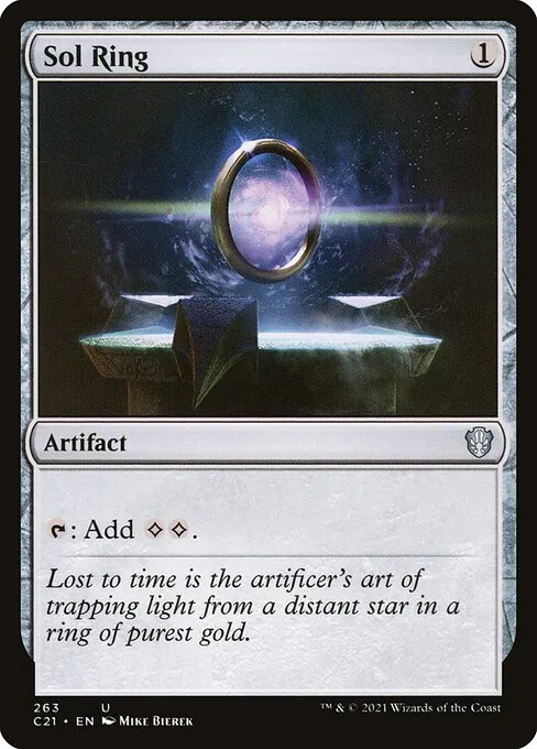 A Sol Ring card, with the collector information printed along the bottom edge