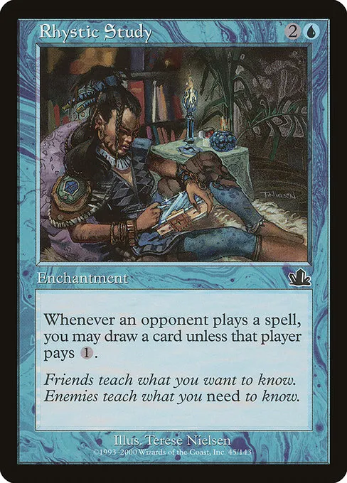 Foil Rhystic Study from Prophecy, the kind of card that punishes bad storage