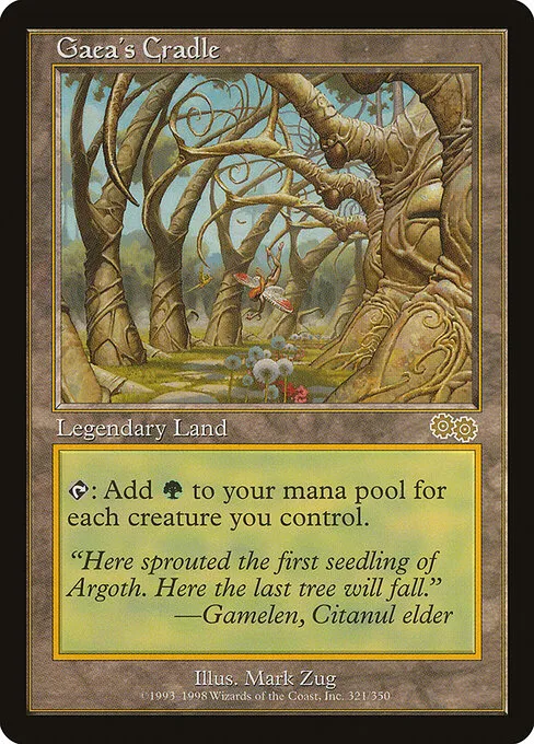Gaea’s Cradle from Urza’s Saga, a plain-looking green land worth over a thousand dollars