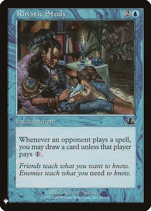 Rhystic Study from The List, showing the planeswalker glyph on the bottom border
