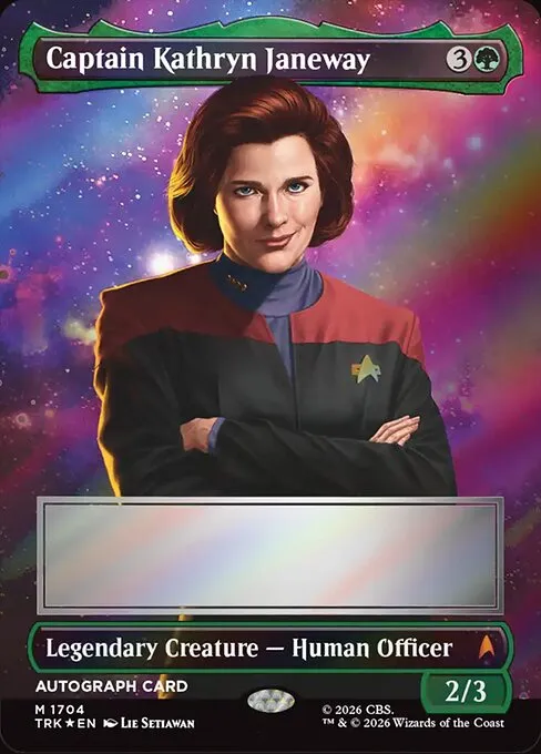 Captain Kathryn Janeway, collector number 1704, with the same printed AUTOGRAPH CARD line and blank signing panel