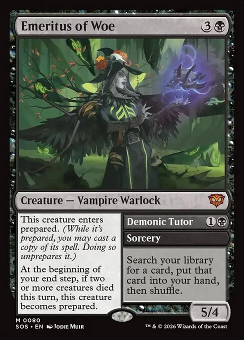 Emeritus of Woe, a flip mythic from Secrets of Strixhaven that transforms into Demonic Tutor