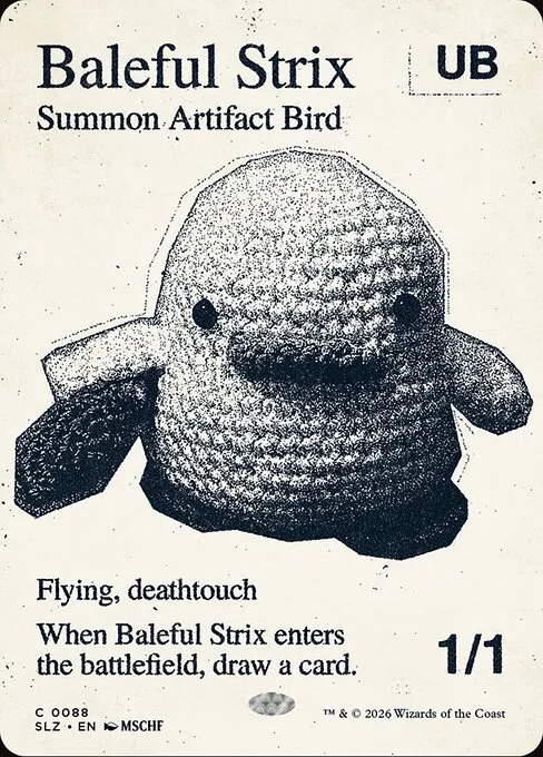 Baleful Strix from the Zeta Set, printed at common with a crocheted bird