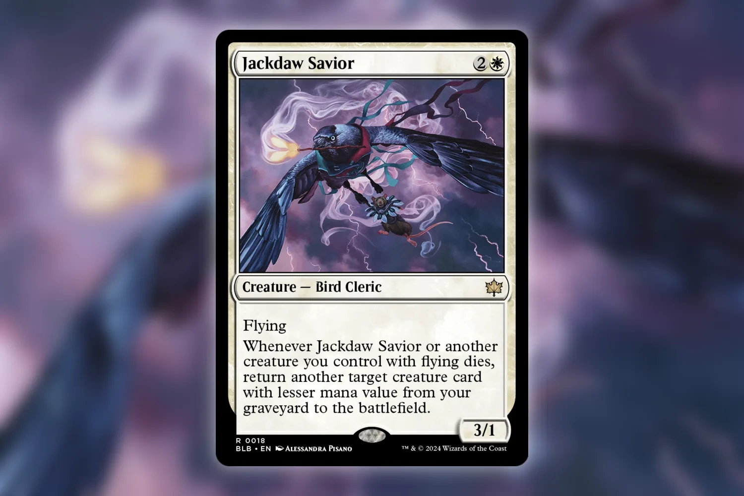 Jackdaw Savior from Bloomburrow, a flying creature that can recover smaller creatures when your flyers die