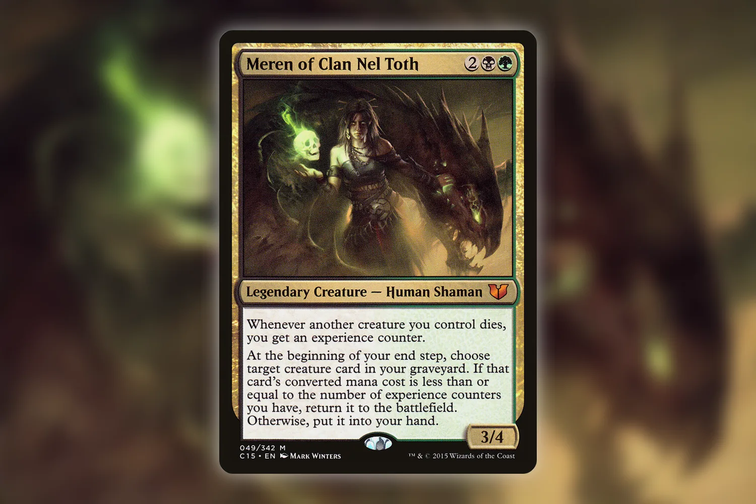 Meren of Clan Nel Toth from Commander 2015, whose recursion ability gives deck recommendations a concrete job to do
