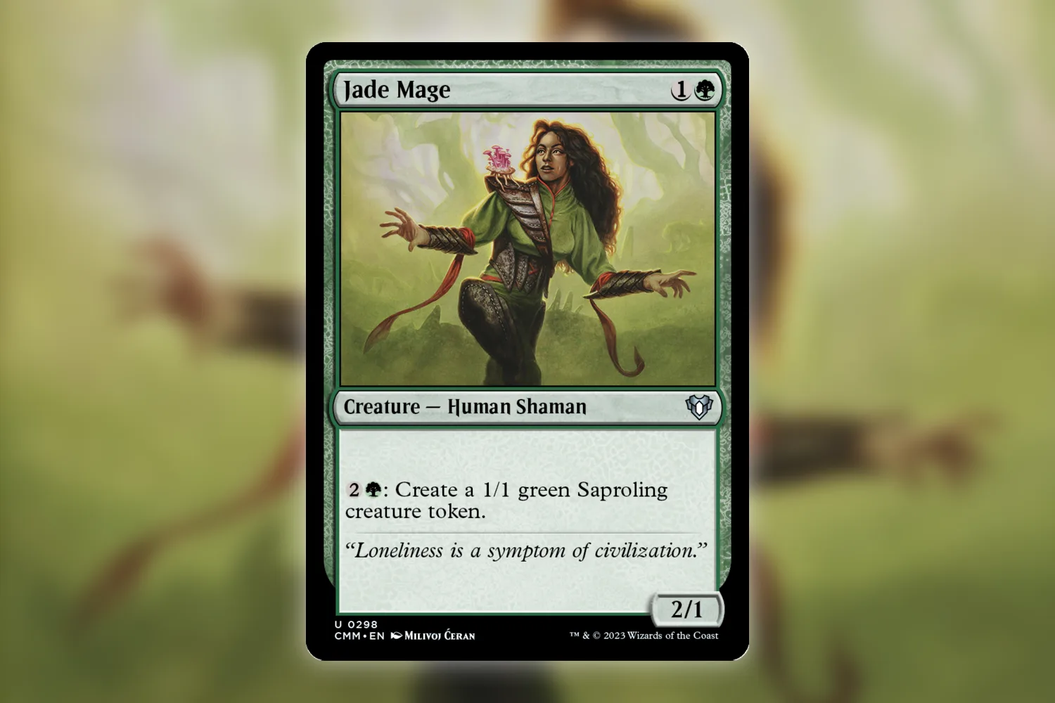 Jade Mage from Commander Masters, whose repeatable ability makes Saproling tokens without tapping