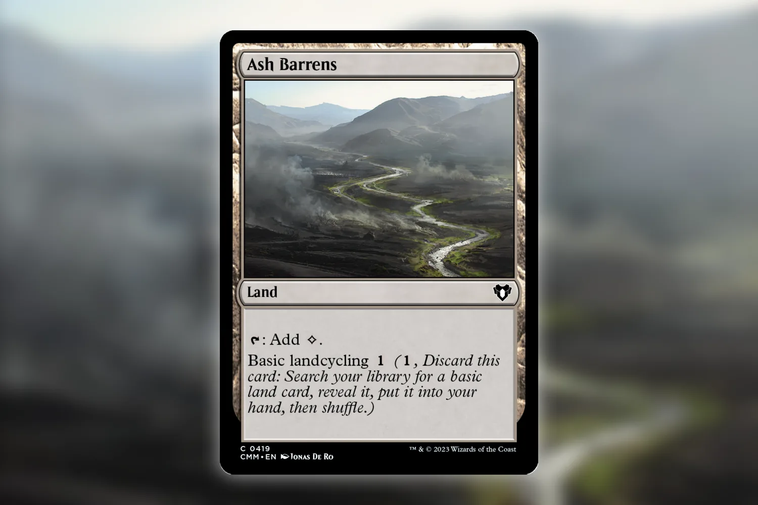 Ash Barrens from Commander Masters, a common with both non-foil and traditional foil printings