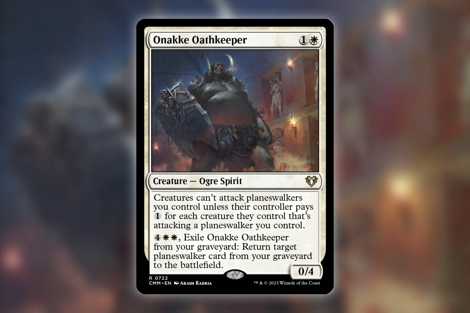 Onakke Oathkeeper, a Commander Masters planeswalker protector with a graveyard recovery ability