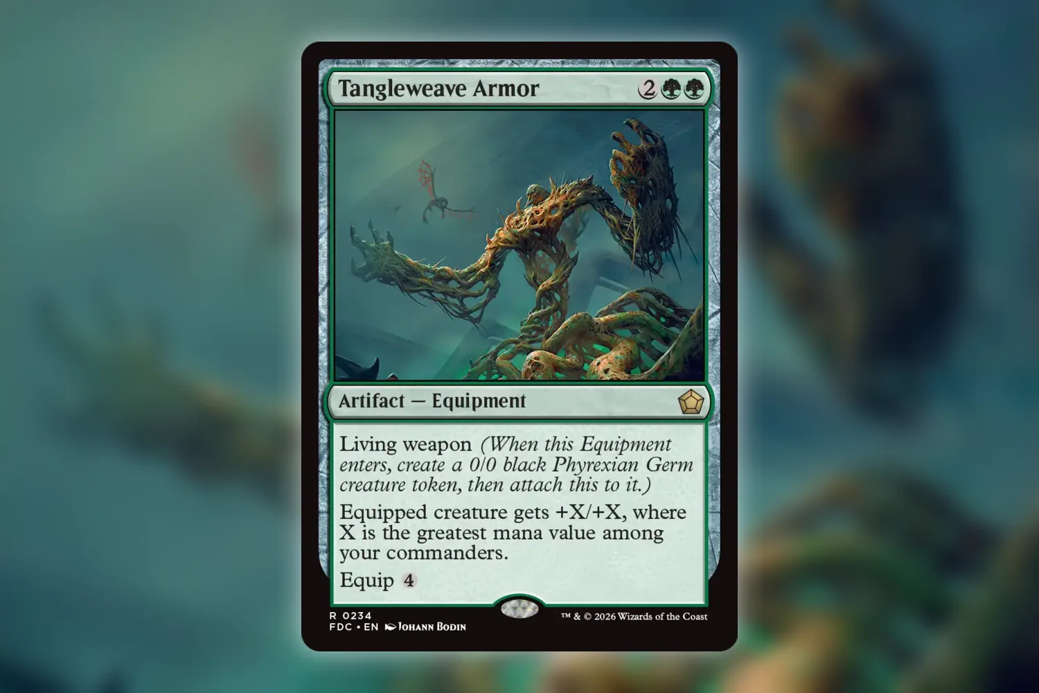 Tangleweave Armor from Tramplesaurus Rex, whose living-weapon Germ becomes a 12/12 with Ghalta as commander
