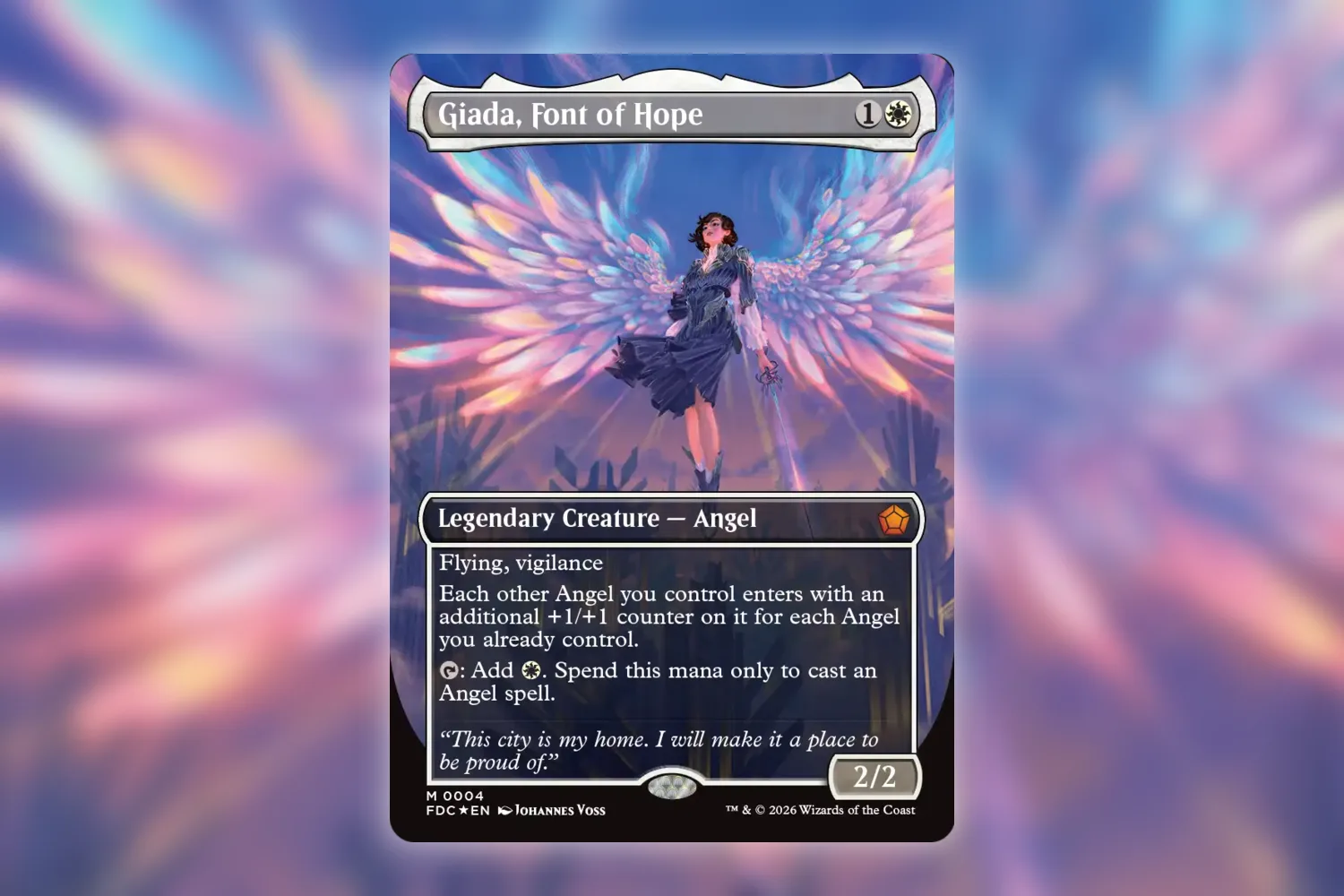 Giada, Font of Hope, the borderless foil commander from the Foundations Calling All Angels deck