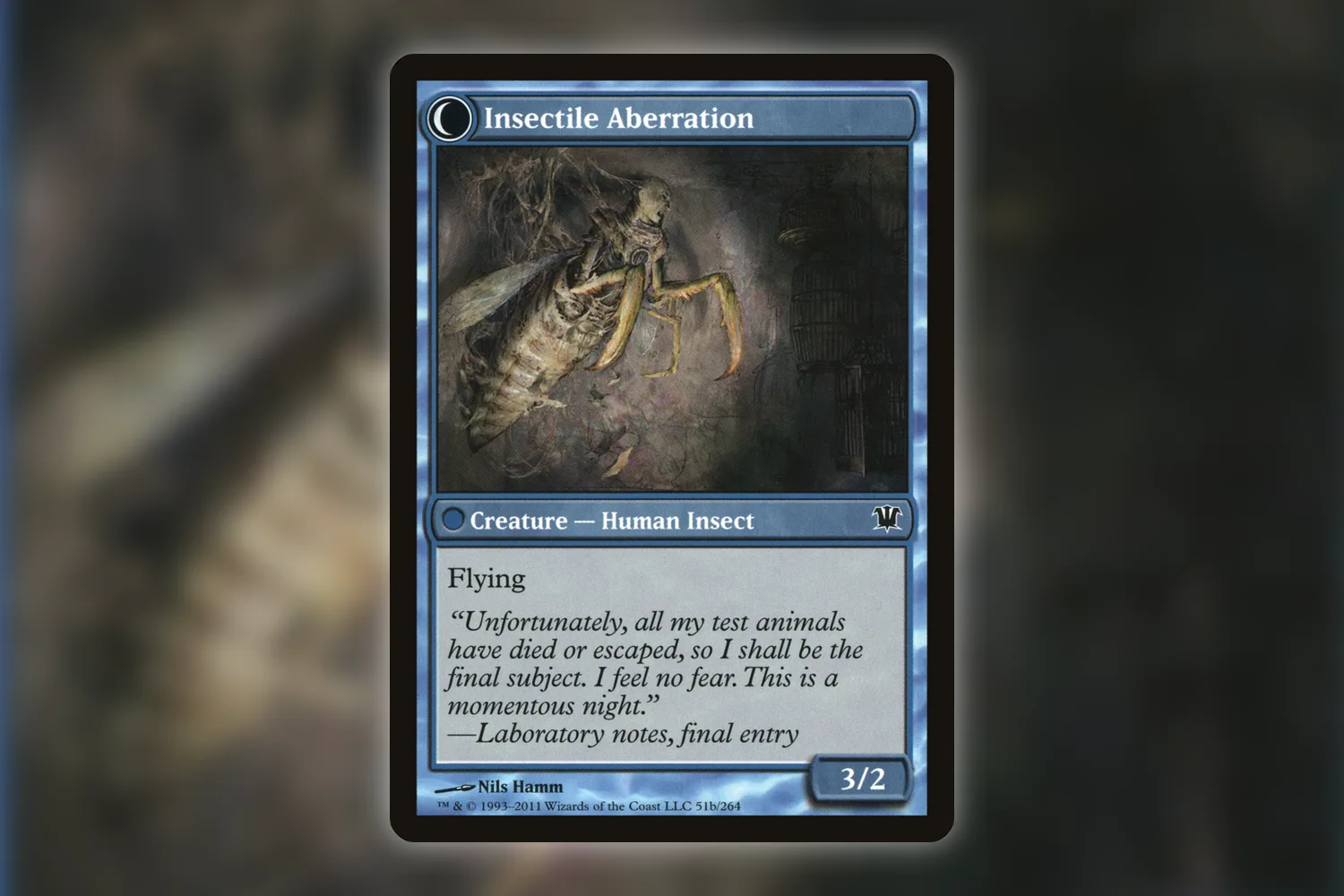 Insectile Aberration, the reverse of the same Innistrad Delver of Secrets card
