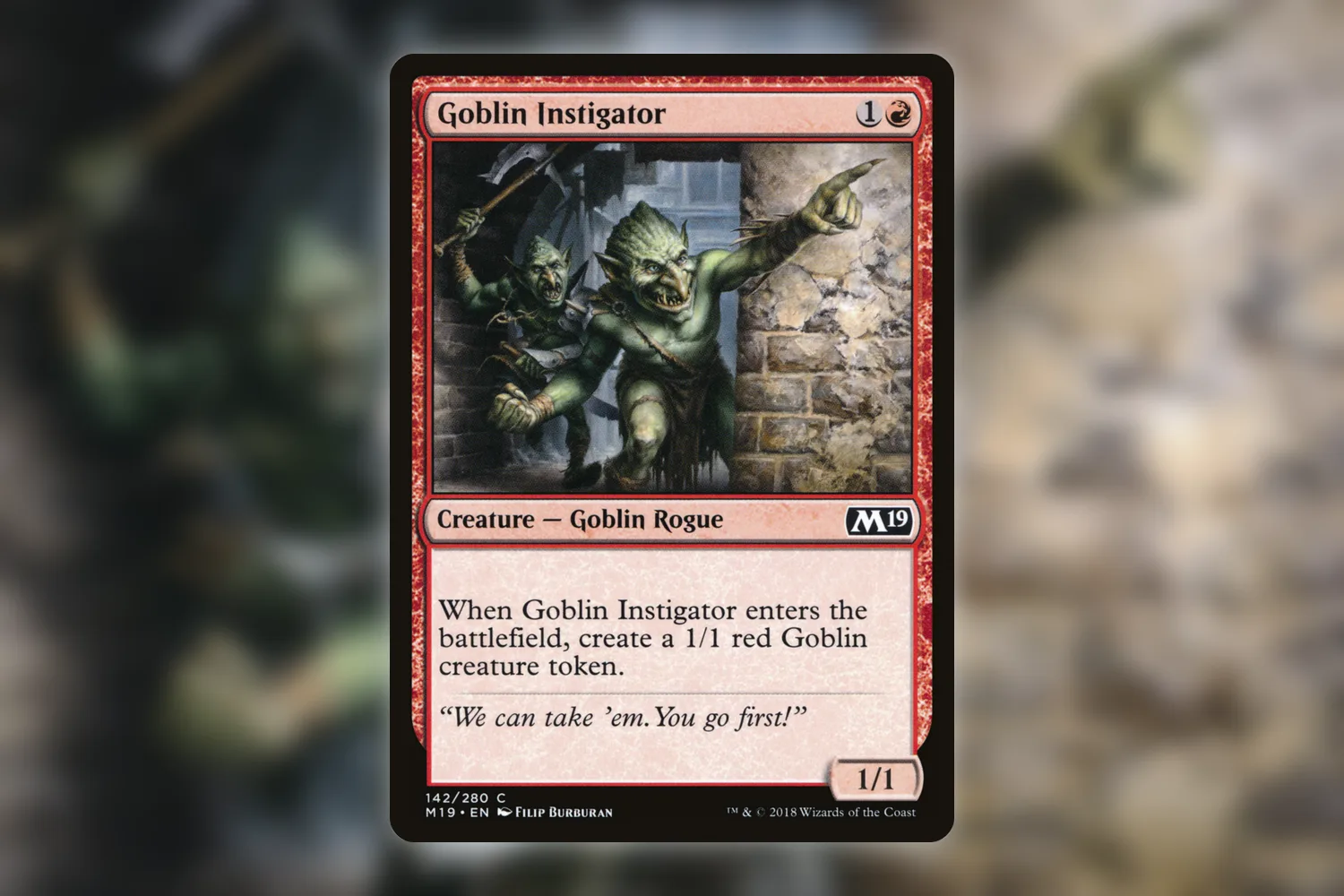 Goblin Instigator from Core Set 2019, a simple creature for a homemade Jumpstart packet