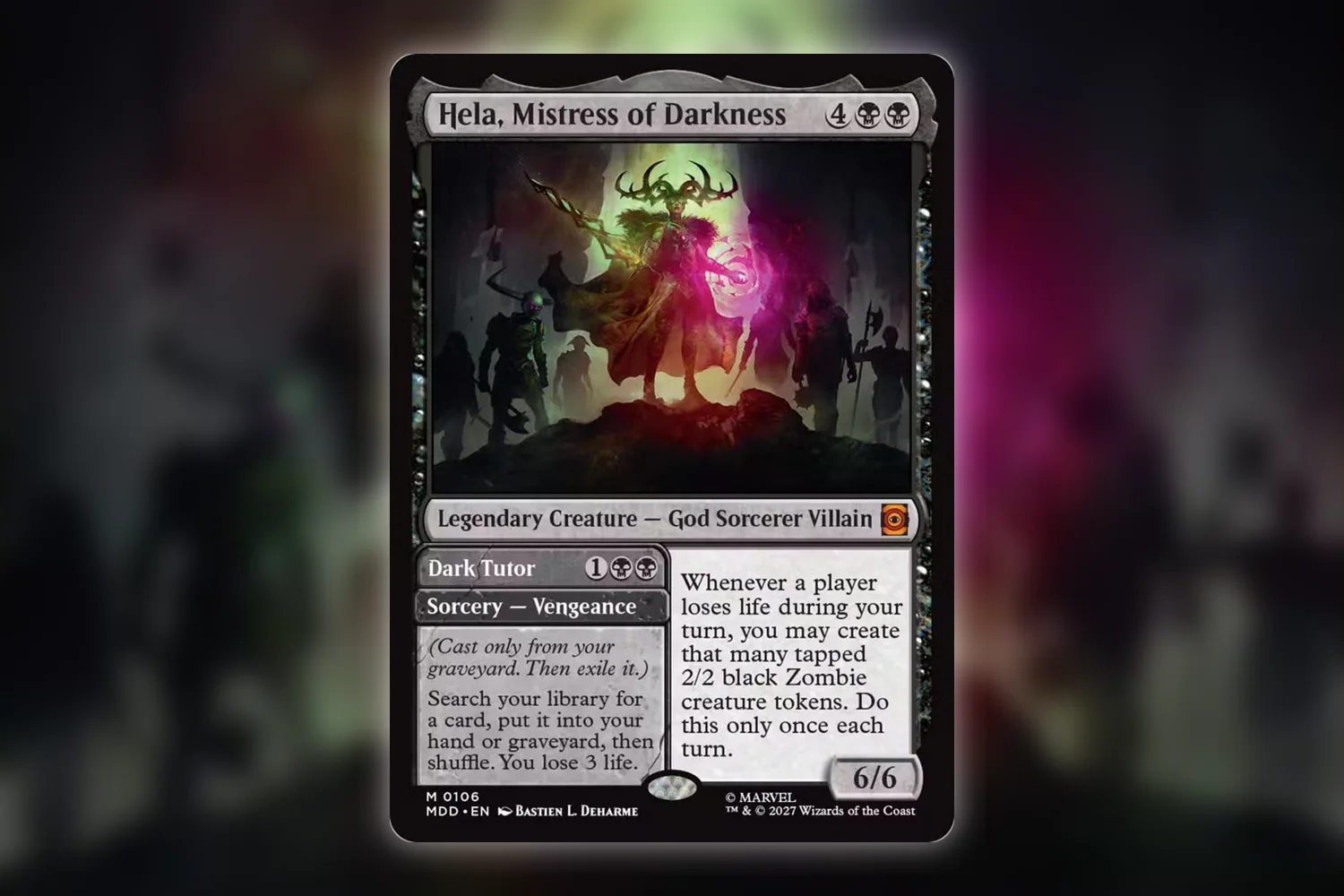 Hela, Mistress of Darkness and her Vengeance spell Dark Tutor, previewed for Marvel: Darkhold Destiny