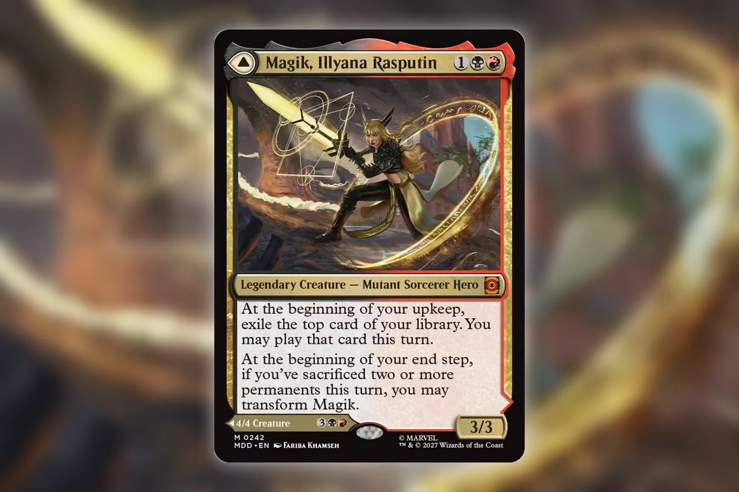 Magik, Illyana Rasputin, the front face of a transforming card in Marvel: Darkhold Destiny