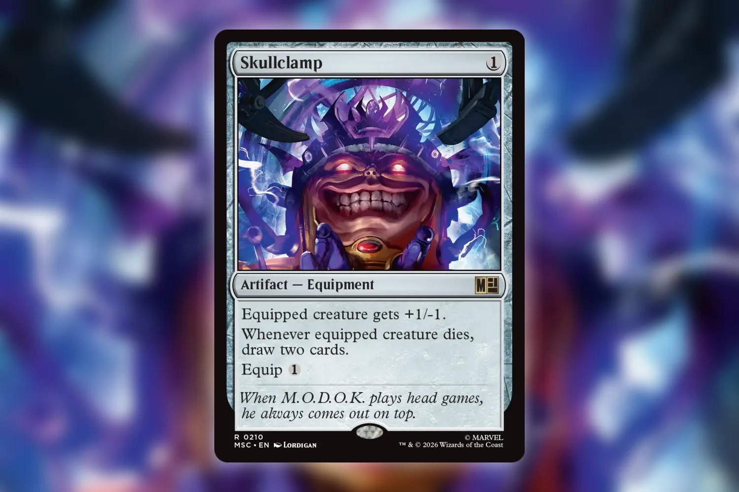 Skullclamp from Marvel Super Heroes Commander, drawing two cards when the equipped creature dies