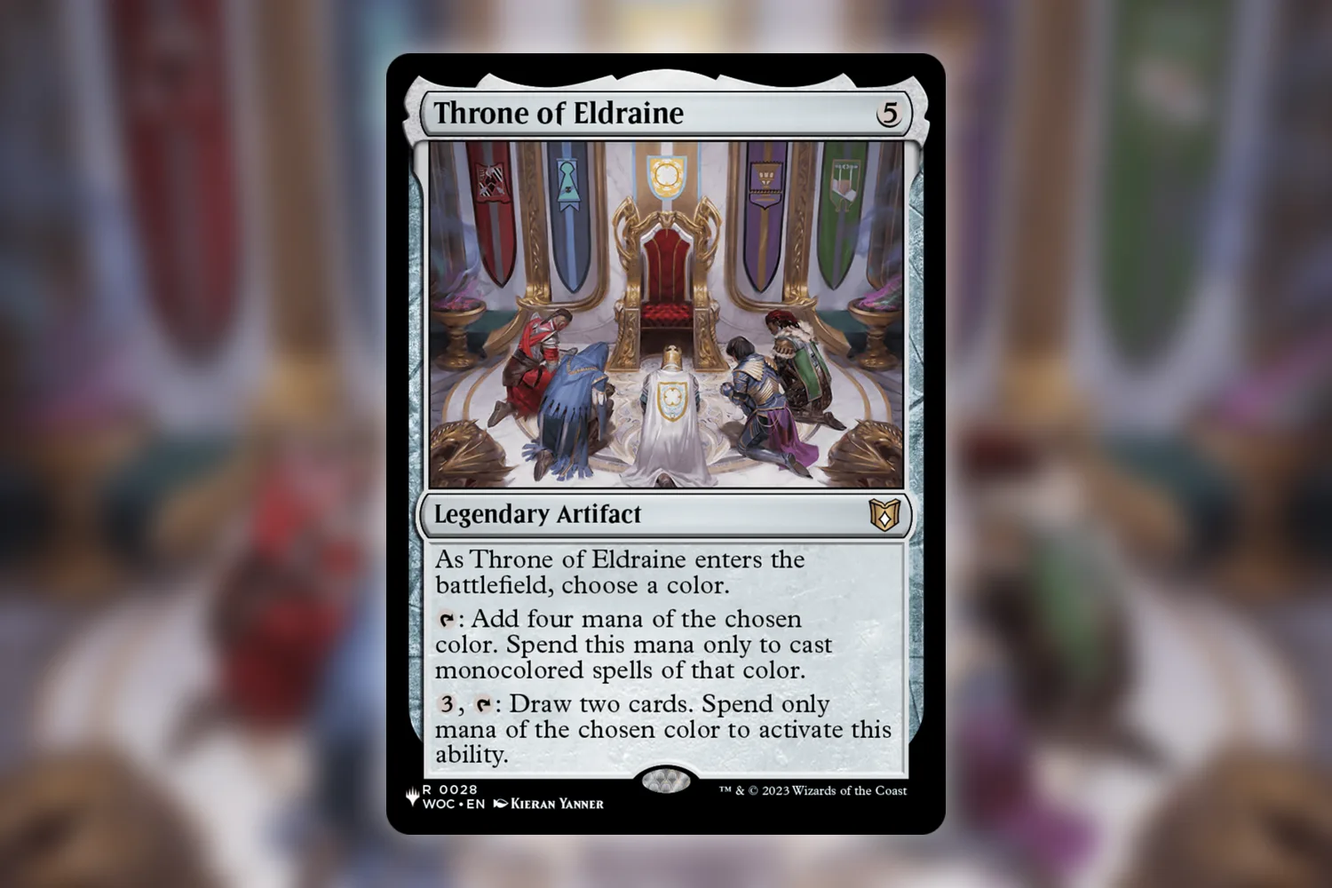 Throne of Eldraine with the planeswalker stamp, from the Goblin Storm Secret Lair Commander deck