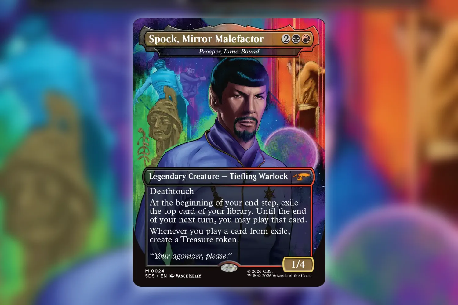 Spock, Mirror Malefactor, with Prosper, Tome-Bound in the secondary title bar and Tiefling Warlock on the type line, SDS 24