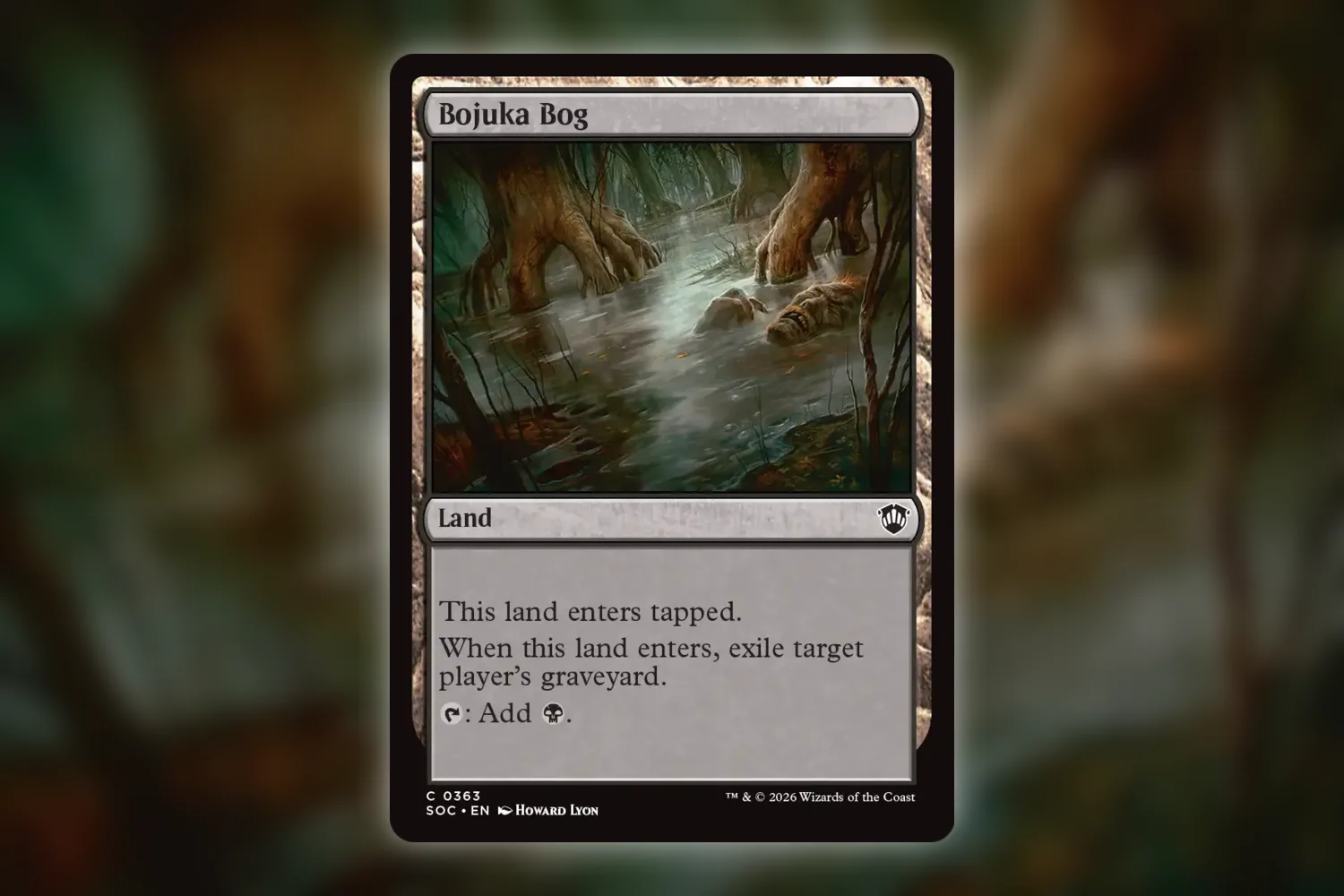Bojuka Bog from Secrets of Strixhaven Commander, a tapped black land that exiles a player's graveyard on entry