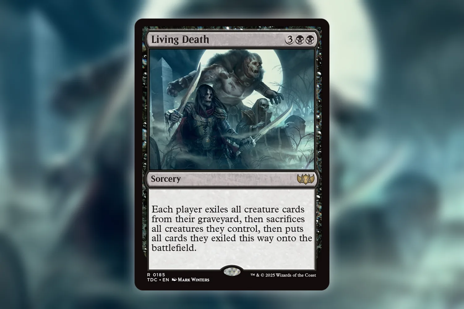 Living Death from Tarkir: Dragonstorm Commander, a symmetrical spell that exchanges battlefield creatures for creature cards already in graveyards