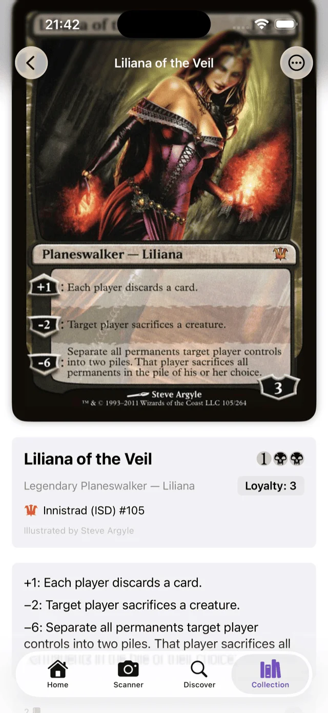 Eldwyn app showing Liliana of the Veil card detail