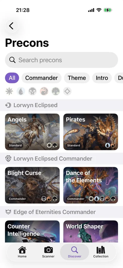 Preconstructed decks browser
